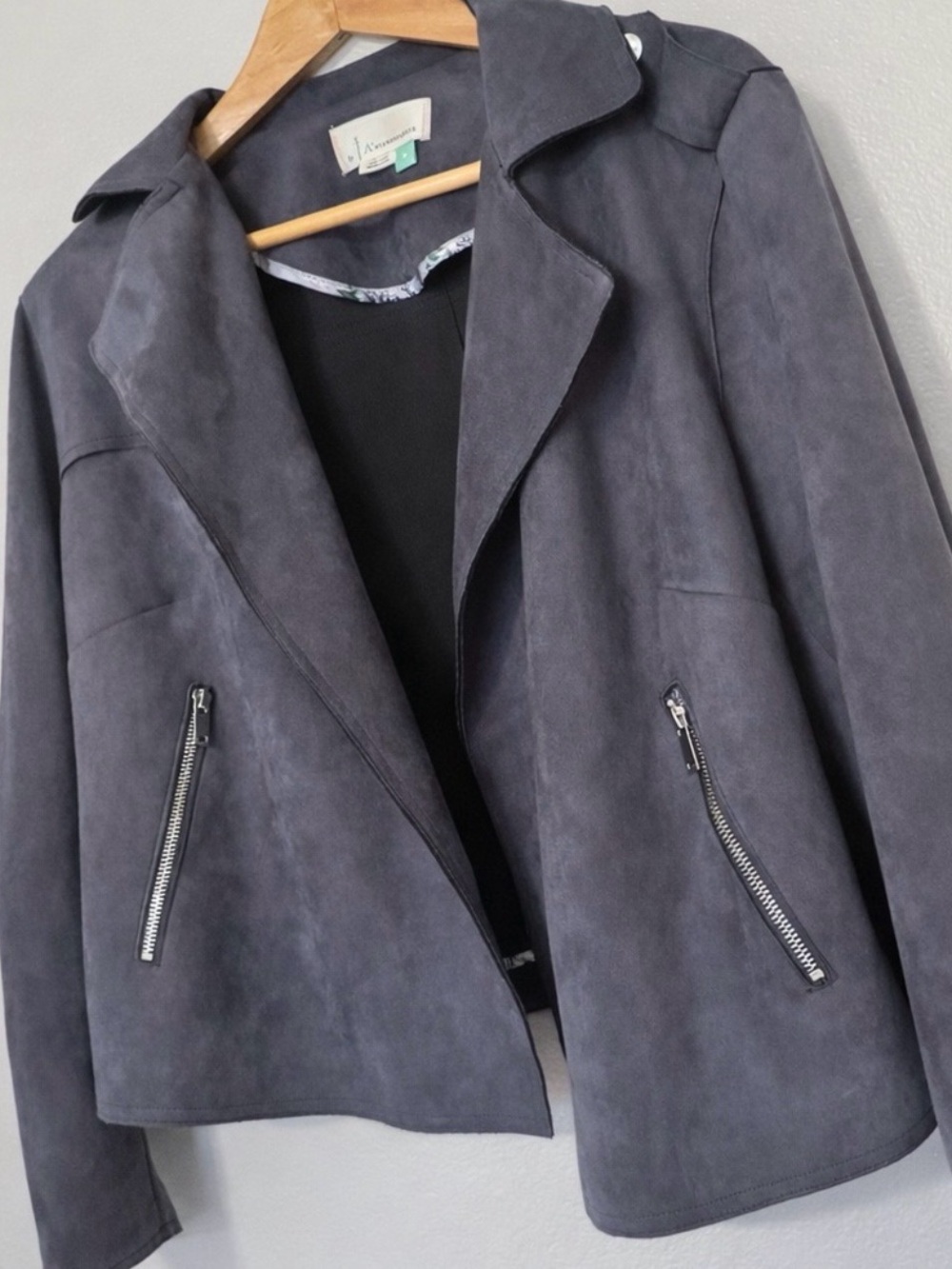 Anthropologie Gray Faux Suede Moto Jacket Open Front Zip Pockets Size 1X